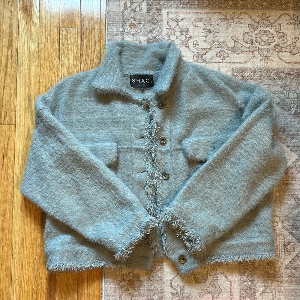 Shaci Blue Gray Fuzzy Sweater Trucker/Bomber Jacket